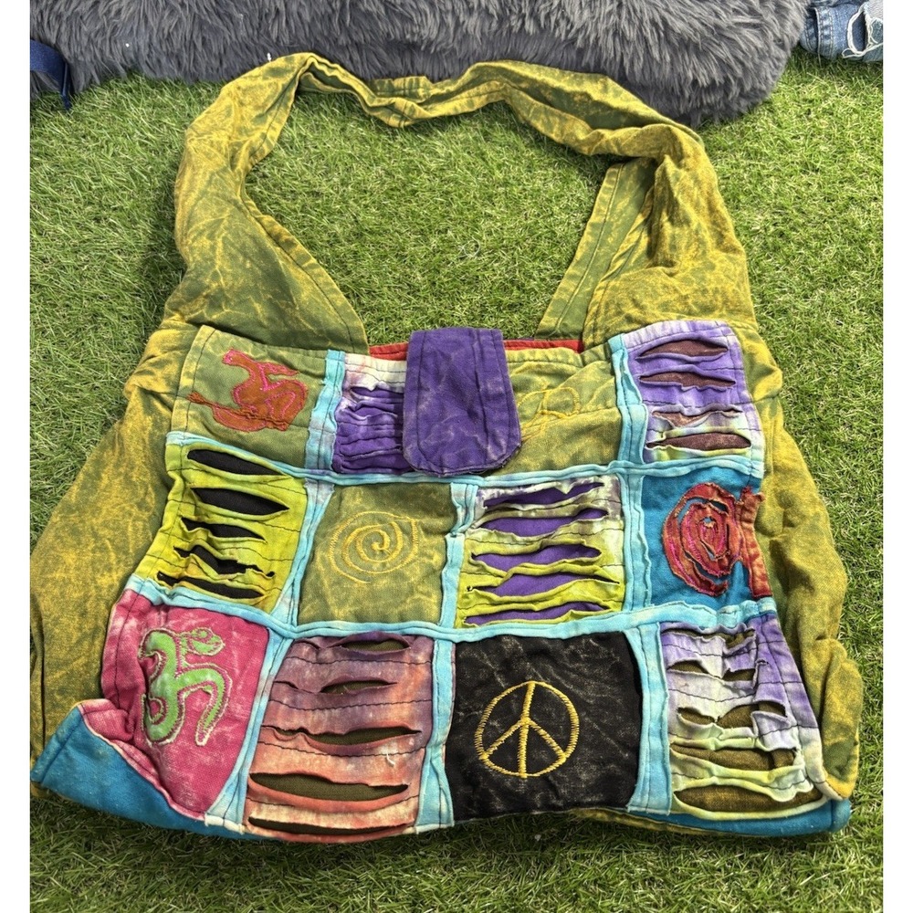BOHO Tye Dye 100%‎ Cotton Over The Shoulder Bookbag Purse Patch Pockets Zippered